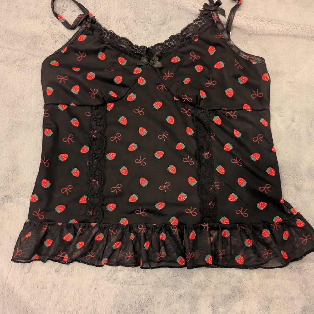 ROMWE Black and Red Strawberry Print Tank Top